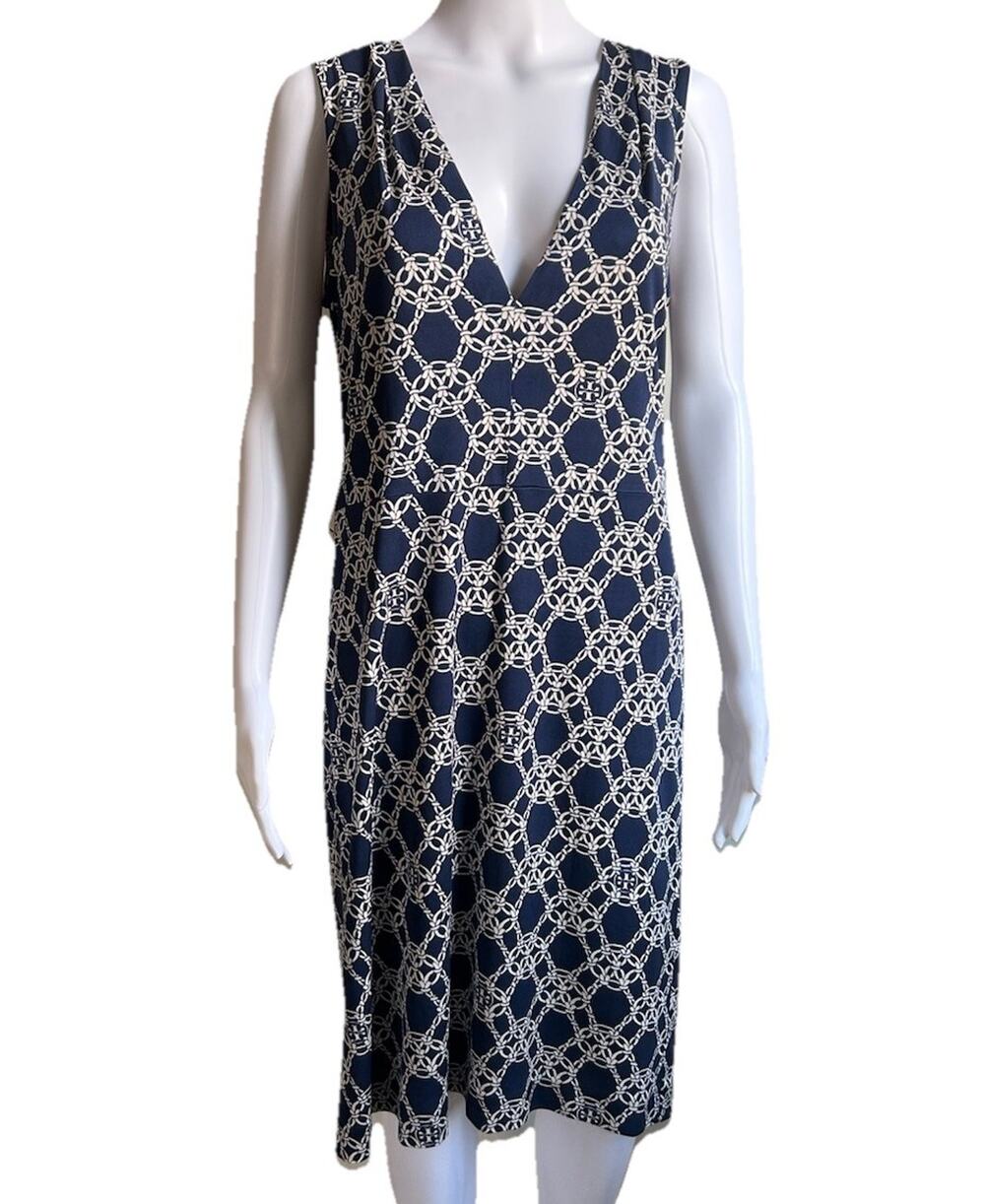 Tory Burch 100% Silk Chain Print Dress Womens M Blue Sleeveless Designer
